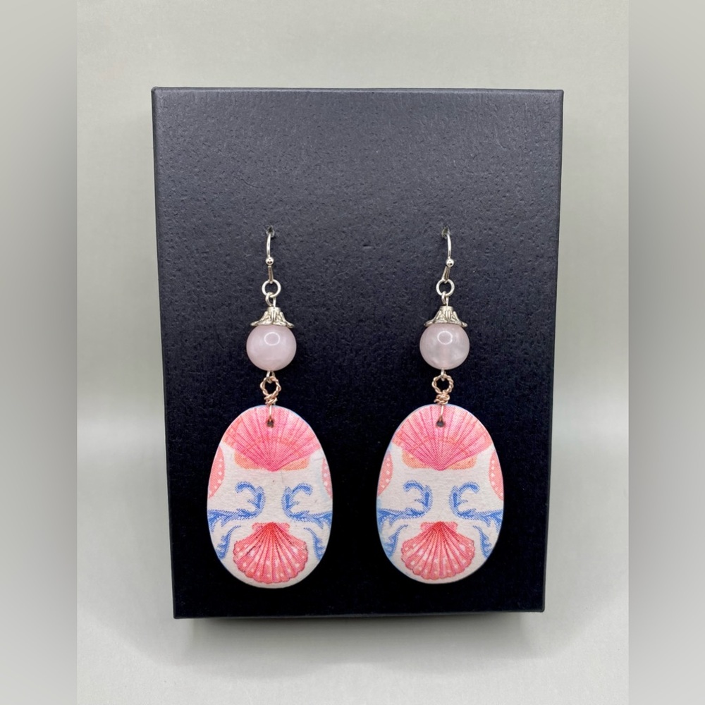 🐚💗Rose Quartz Wooden Seashell Mermaidcore Earrings